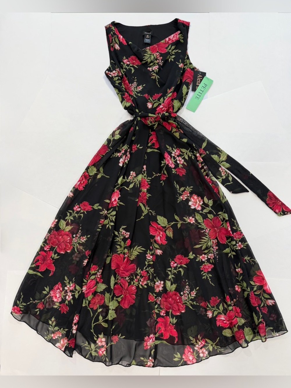 ALEXA B Sleeveless Maxi Flowy Dress Black Red Green Floral Resortwear (8P) NWT
